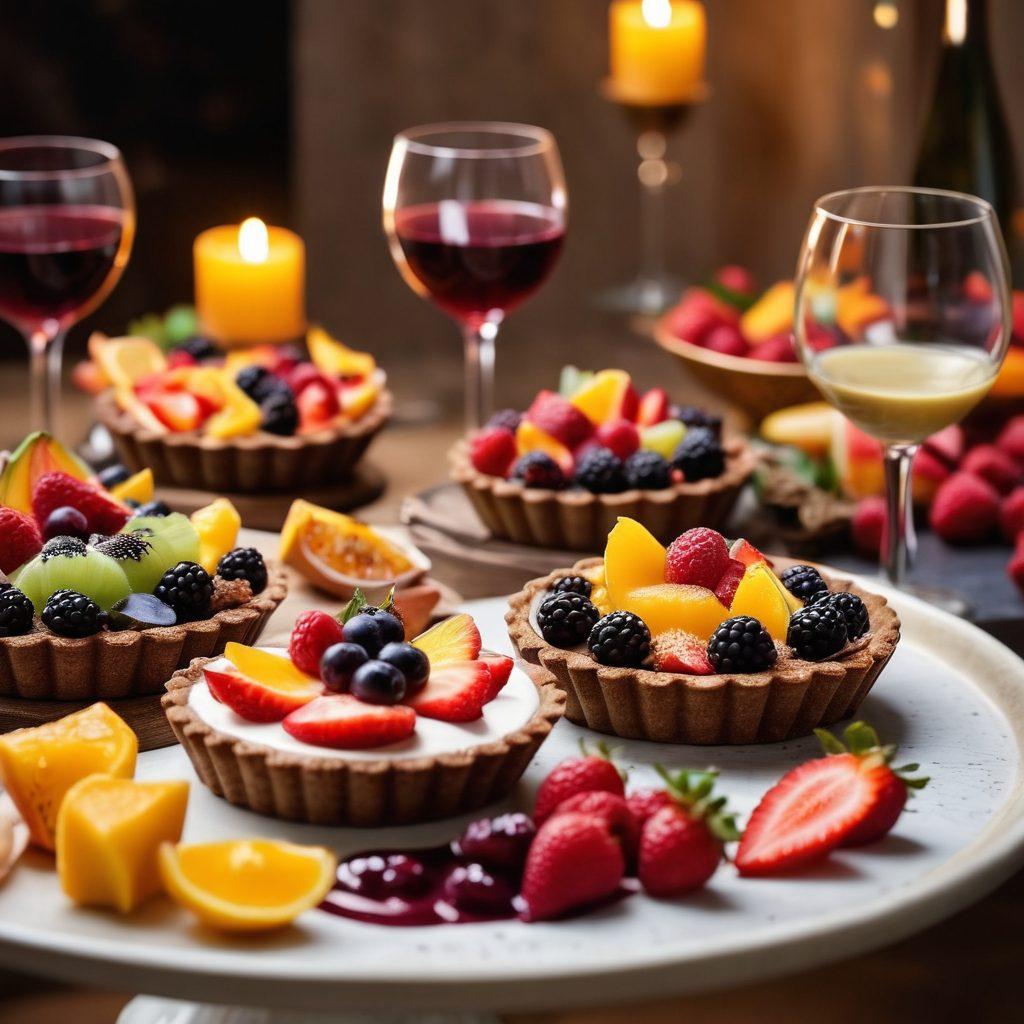 A beautifully arranged table featuring an elegant assortment of decadent desserts like chocolate tarts, creamy panna cotta, and fruit tarts, paired with vibrant glasses of joyful wines reflecting different shades. Soft twinkling fairy lights in the background create a warm, inviting atmosphere, while a variety of colorful fruits scattered around bring a playful touch. The scene embodies celebration and indulgence, inviting viewers to enjoy the perfect pairing. 3D. vibrant colors. soft focus.