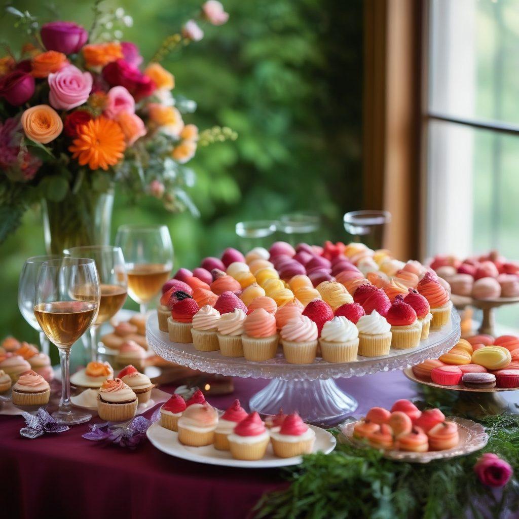 A whimsical dessert table adorned with elegant pastries, cupcakes, and macarons, all artfully paired with delicate glasses of vibrant vino. The scene radiates joy with colorful decorations and soft twinkling lights, evoking a celebratory atmosphere. A backdrop of lush greenery and romantic flowers enhances the enchanting feel. Capture the essence of a joyful celebration with sweet treats and wine. super-realistic. vibrant colors. soft focus.